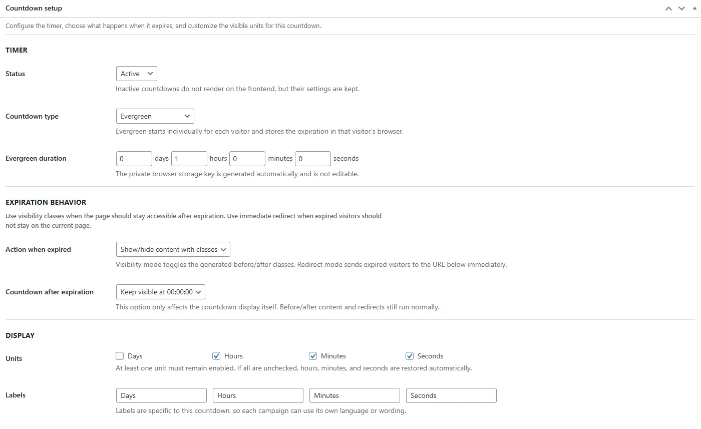 Timer settings panel